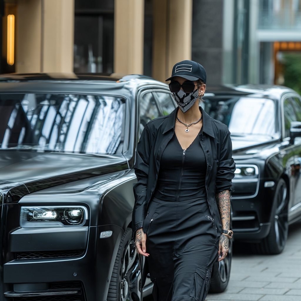 Maskierte Frau in dunkler Stadtszene